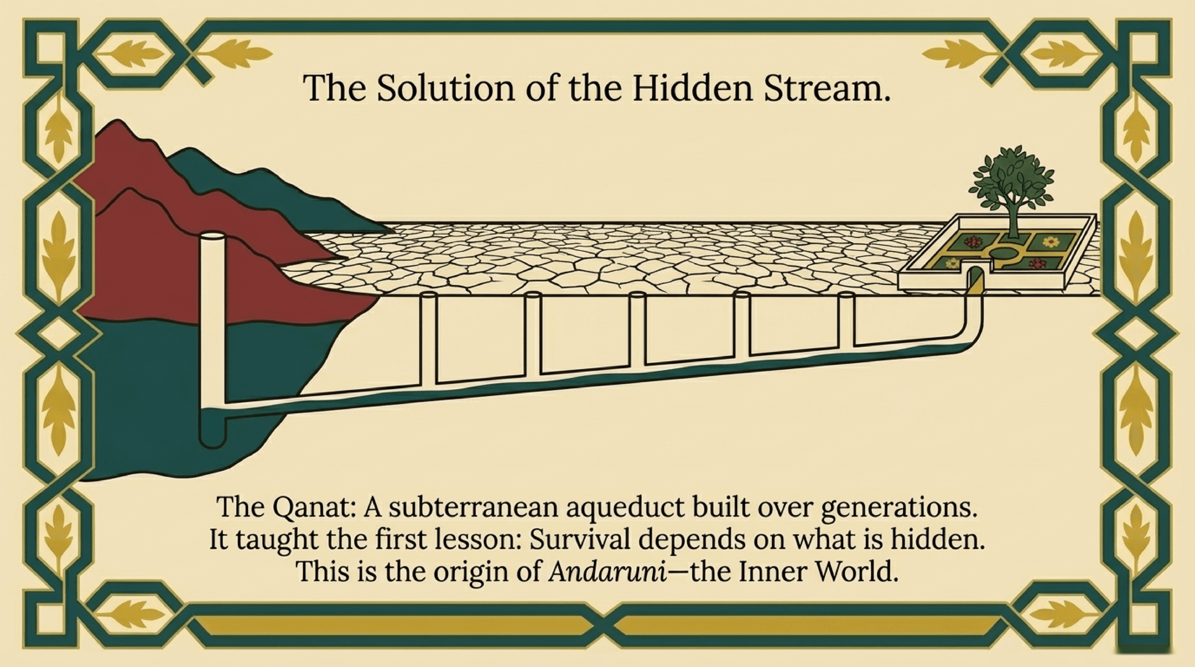 Cross-section diagram of Persian qanat underground water system showing vertical shafts and tunnel network